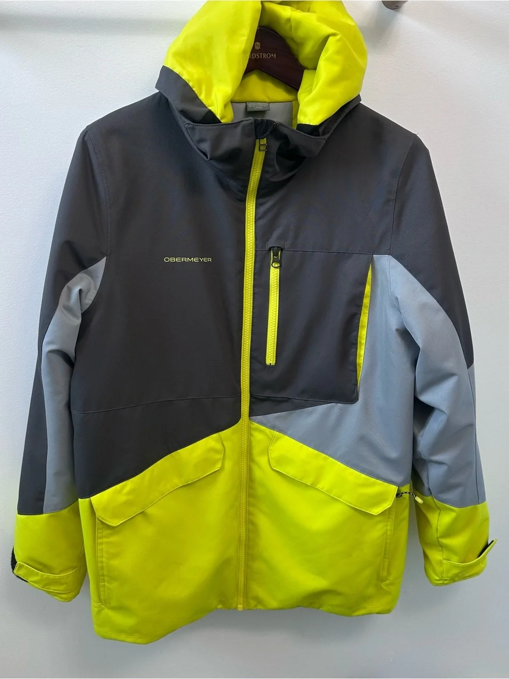 OBERMEYER Gage Insulated Winter Ski Jacket Black Grey Yellow Neon Teen XL (18)